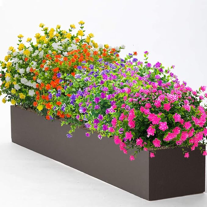 10 Bundles Artificial Fake Flowers, Faux Outdoor Plastic Plants UV Resistant Shrubs Outside Indoor Decorations (Pink-Eucalyptus)