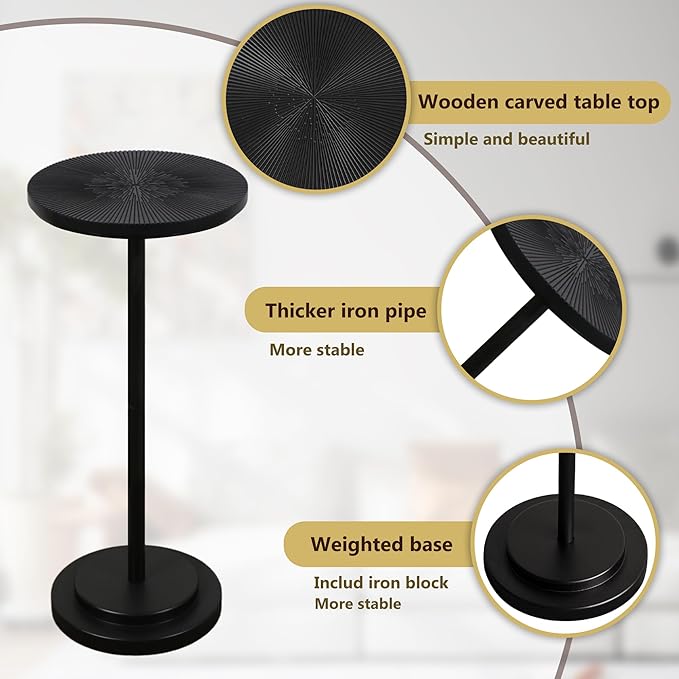 Drink Table, Carved Table Top Martini Table, Small Side Table, Weighted Base Pedestal Table for Living Room, Bedroom, Modern, Black, 1-Pack