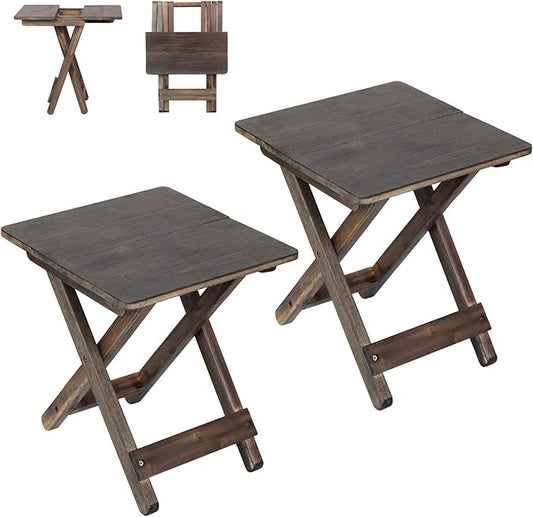 Small Patio Table, Folding Side Table, Accent Table, Wooden Top for Living Room, Bedroom (Square - Walnut - Set 2)