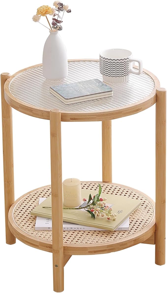 Tiita Rattan Nightstand Side Table, Bamboo Accent Bedside Tables, Glass Coffee Tables, Boho Wooden End Table with Storage for Small Space, Living Room and Bedroom