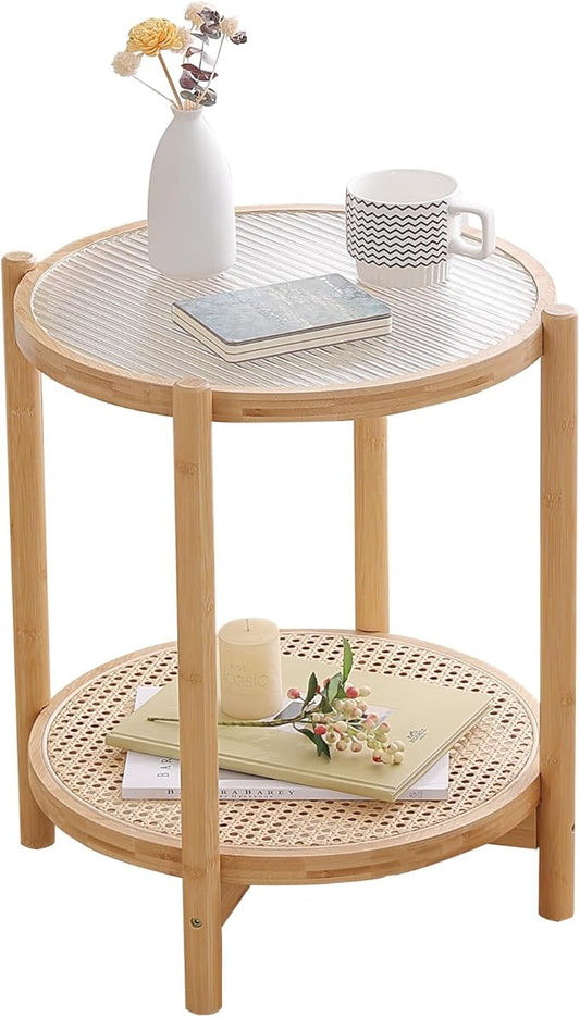 Tiita Rattan Nightstand Side Table, Bamboo Accent Bedside Tables, Glass Coffee Tables, Boho Wooden End Table with Storage for Small Space, Living Room and Bedroom