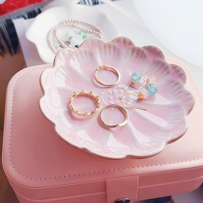 Lotus Ceramic Jewelry Tray, Small Trinket Jewelry Ring Holder Organizing Dish, for Parents Daughter Friends Sister, Birthday Gifts for Women, Pink