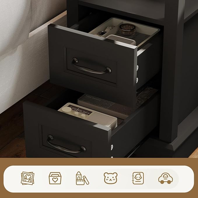 LINSY HOME Narrow End Table with Charging Station, Side Table with Glass Top, Open Shelf, and 2 Drawers, Small Sofa Table with Storage for Living Room, Black