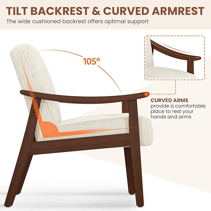 Yaheetech Corduroy Accent Chair, Mid-Century Modern Armchair with Solid Wood Legs, Reading Leisure Chair with High Back for Living Room Bedroom Waiting Room Beige