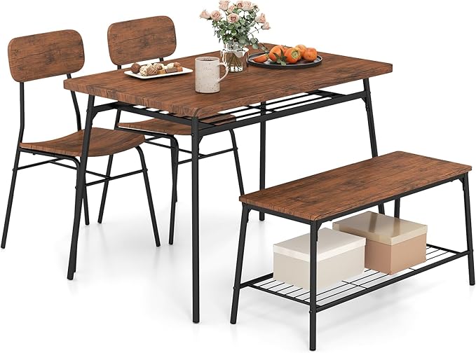 Tangkula Dining Table Set for 4, Square Kitchen Table & Chair Set w/Storage Rack, Metal Frame, Space-Saving Dinette Furniture Set with Bench for Breakfast Nook, Dining Room, Small Places
