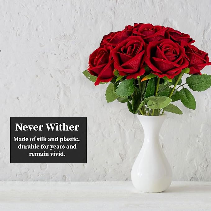 10 PCS Artificial Roses with Long Stems Silk Flowers Realistic Foam Flowers Fake Roses for Valentine's Day Home Wedding Halloween Decor(Brilliant Red)