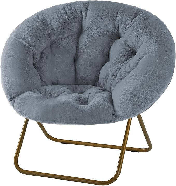 DUMOS Comfy Saucer Chairs Cozy Faux Fur Soft Lounge Cute Folding Bedroom Living Room Seat Flexible Reading Foldable Seating for Kids Adults Thick Padded Metal Frame Modern for Home Office Classic Gray
