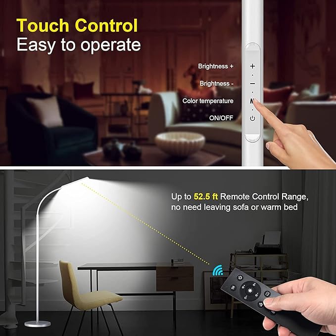 Dimunt Floor Lamp, Bright 15W Floor Lamps for Living Room with 1H Timer, Dimmable LED Floor Lamp 3000K-6000K & Tall Standing Lamp with Remote & Touch Control Reading Floor Lamps for Bedroom-White