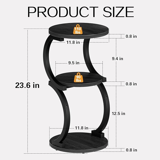 JUSTOGO Small Round Side Table, 3-Tier End Table for Living Room, Vintage Nightstand for Small Spaces Sofa Couch Corner Bedside Bedroom, S-Shaped Wood Accent Table Matel Coffee Table, Black