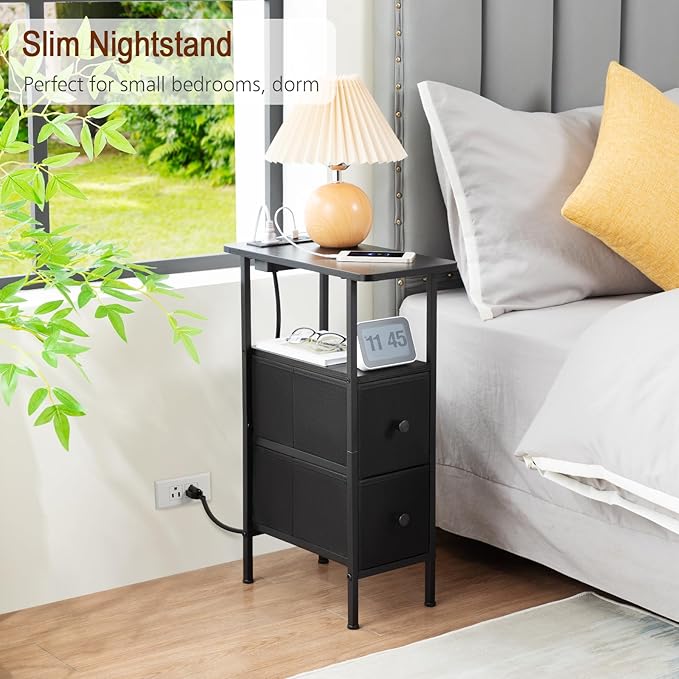 Narrow Nightstand with Charging Station, End Tables Living Room Set of 2, Skinny Side Table with Fabric Drawers, Slim Sofa Table for Bedroom, Small Spaces, Couch, Black, HETNDP02BK