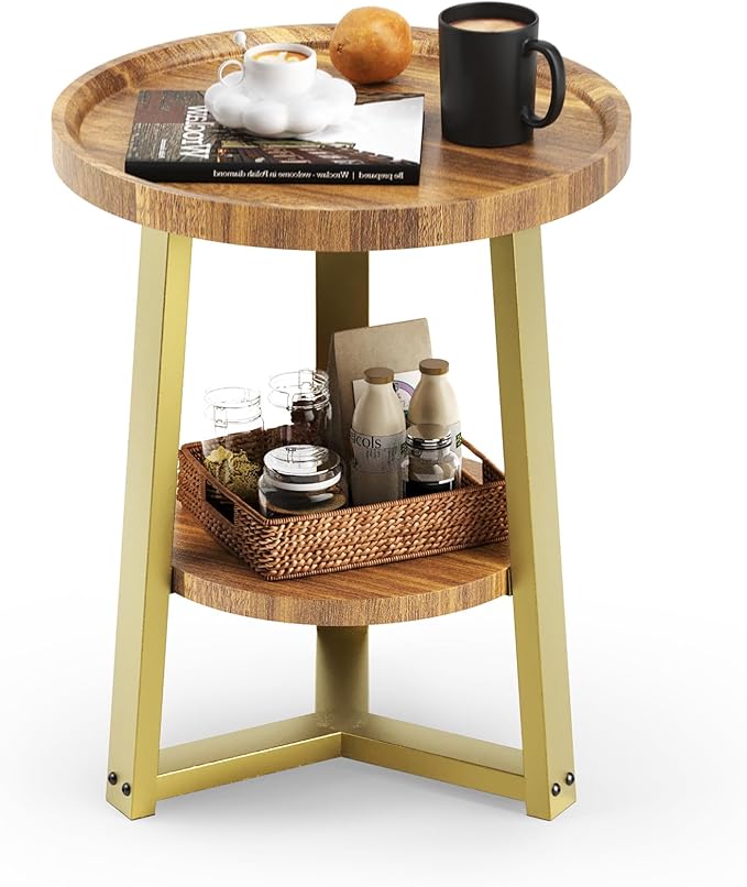 PPAMAPIC Round End Table, 2 Tier Side Table with Storage Shelf, Nightstand Accent Table for Living Room Bedroom Small Space, Golden Metal Frame, 15.7" D x 19.7" H, Rustic Brown