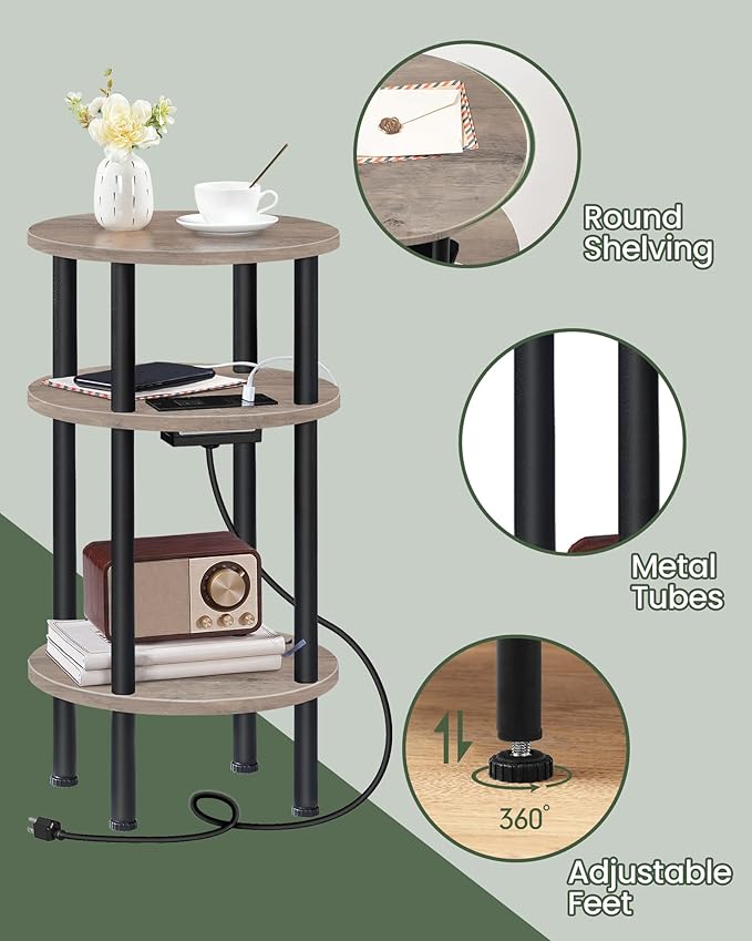 Small Round Side Table with Charging Station, Round End Accent Table, 3-Tier Sofa Side Table for Small Spaces, Nightstand for Living Room, Bedroom, Greige and Black TBZ06UFH