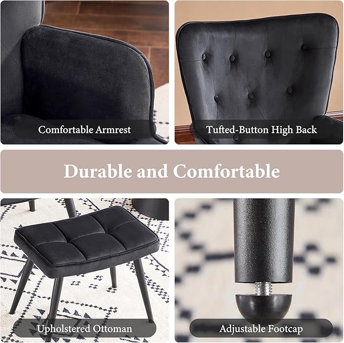 Furniliving Velvet Accent Chair with Ottoman, Upholstered Reading Chair with High Backrest, Tufted-Button Wingback Armchair for Bedroom, Dressing Room, Home Office, Black