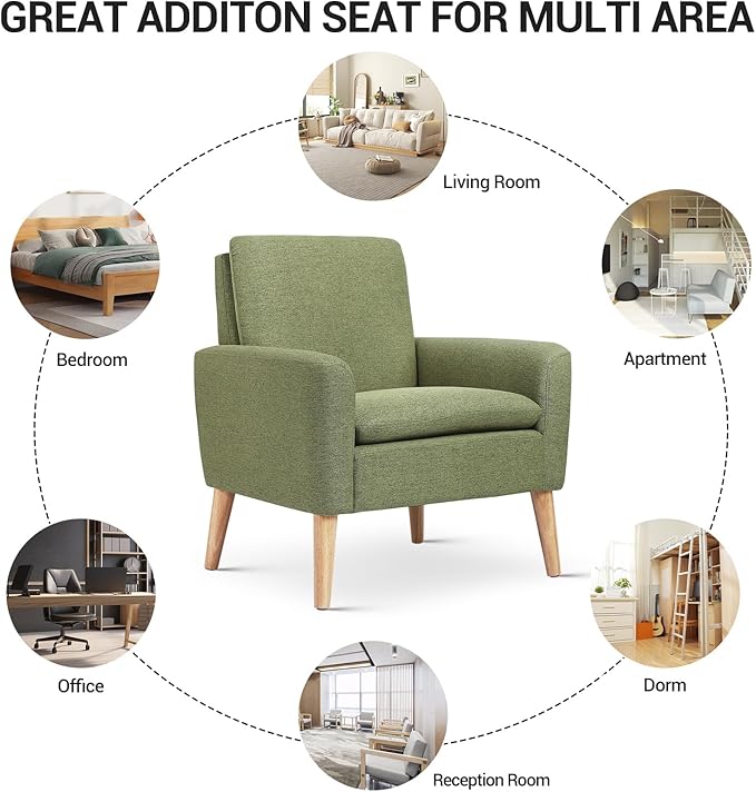 Lohoms Mid Century Accent Chair, Linen Upholstered Green Armchair for Living Room or Bedroom, Comfy Modern Sofa Chair for Guest Room, Reading Nook, or Waiting Area