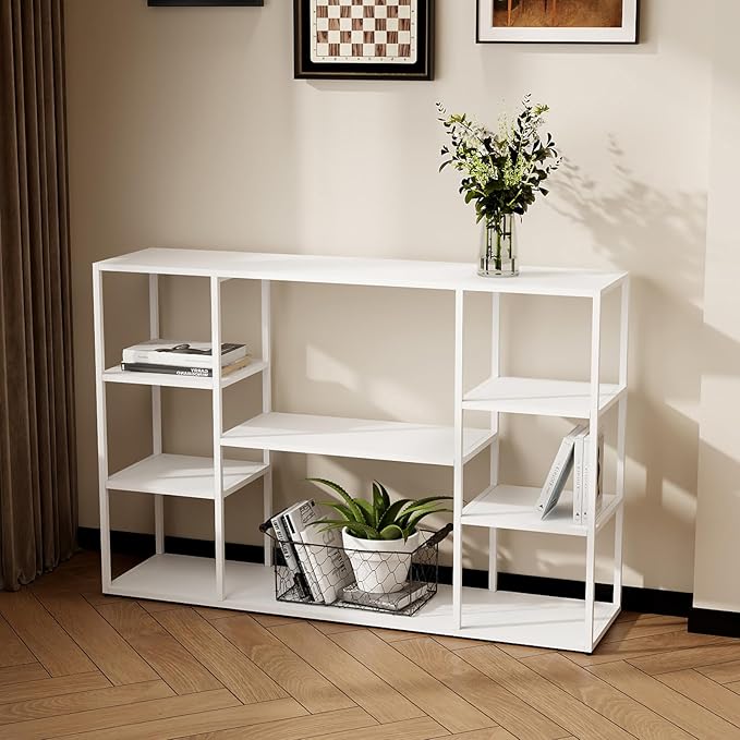 47 Inch Metal Console Table with 8 Storage Shelves,Extra Long Entryway Table,Narrow Sofa Table,Hallway Table for Entrances to Corridor,Foyer,Living Room (White, 47.24×11.81×31.5in)