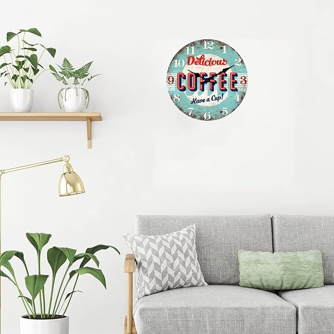XFM Kitchen Wall Clock 16 inch Blue Coffee Sign Wall Clocks Battery Operated Silent Non Ticking Rustic Wood Clock for Dining Room Bar Cafes Bedroom