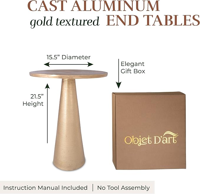 OBJET D'ART Small Round Gold End Tables, Set of 2, Turin, 22'' Height, Vintage Metal Accent, Side, Pedestal, Coctail and Drink Tables for Living Room and Small Spaces