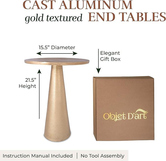 OBJET D'ART Small Round Gold End Tables, Set of 2, Turin, 22'' Height, Vintage Metal Accent, Side, Pedestal, Coctail and Drink Tables for Living Room and Small Spaces