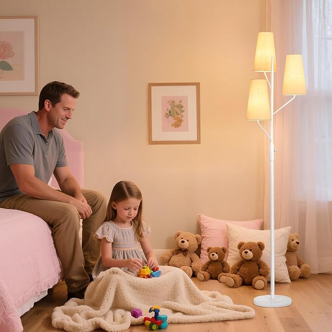 Industrial Floor Lamp for Living Room, 70" Tall 3-Light Tree Standing Lamp with White Pole, Farmhouse Rustic Reading Floor Lamps for Bedroom, Office and Study(Bulb Not Included)