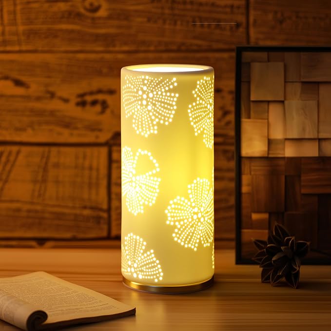 Small Modern Ceramics Bedside Table Lamp, 4.5 x 4.5 x 11 Inch White Flowers Style Nightstand Lamps, Side Table Lamps for Bedroom Living Room Entryway Table Light