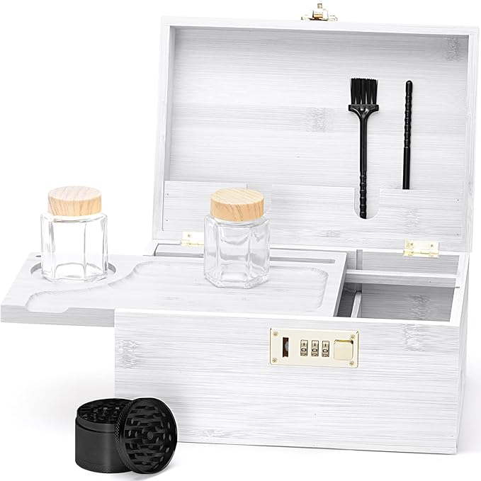 Large bamboo box, locked storage decorative box with combination lock, wooden lock box with lid, wooden locked storage box with removable tray and jars(White)