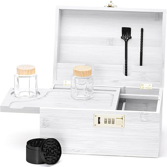 Large bamboo box, locked storage decorative box with combination lock, wooden lock box with lid, wooden locked storage box with removable tray and jars(White)