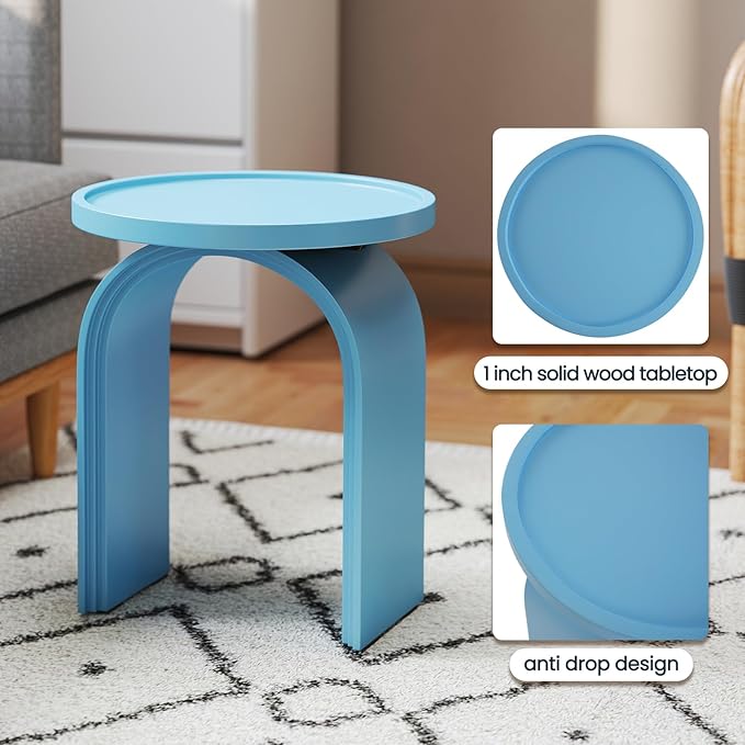 VESCASA 17.75" W Round Sofa Side Table, Modern Nightstand with Arched Wooden Legs, Small Accent End Table for Living Room, Bedroom, Baby Blue