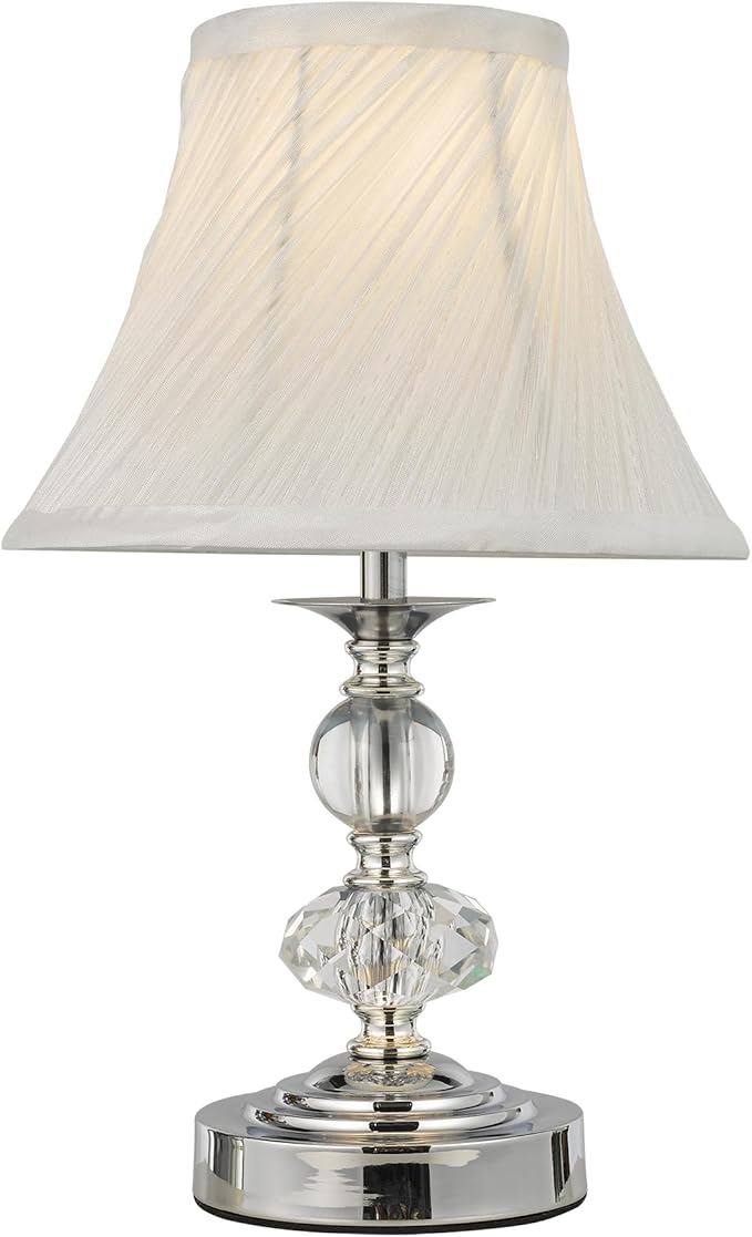 Small Modern Crystal Bedside Table Lamp, 7 x 7 x 12 Inch Electroplaetd Silver Base Table Lamp for Bedrooms and Office (White Pleated Bell Shape Shade)