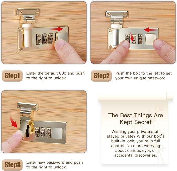 Large bamboo box, locked storage decorative box with combination lock, wooden lock box with lid, wooden locked storage box with removable tray and jars