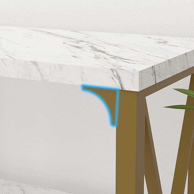 IBF Modern 3 Tier Entryway Table, Industrial Metal Wood TV Console Table with Storage Shelves, Farmhouse White Faux Marble and Gold Sofa Accent Table for Hallway Entry Way Foyer Living Room, 55 Inch