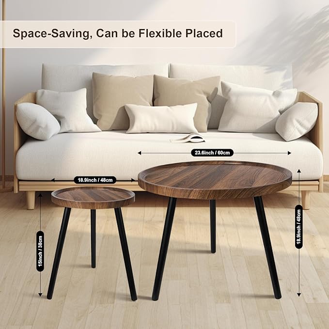 Nesting Coffee Table Set of 2, Modern Round Coffee Tables Nesting Side Table Set, Easy Assembly Nesting Tables for Living Room, Walnut Wood End Tables for Home Office Yard