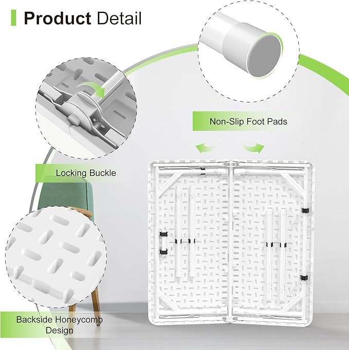 34" Folding Table, Portable Square Card Table with Collapsible Legs and Carrrying Handle, White Plastic Foldable Tables for Camping, Picnic, Office, Party, Events, Puzzle, Games, Working