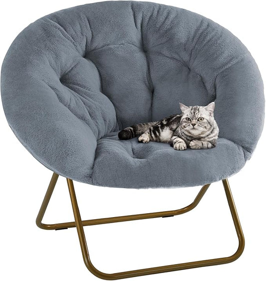 DUMOS Comfy Saucer Chairs Cozy Faux Fur Soft Lounge Cute Folding Bedroom Living Room Seat Flexible Reading Foldable Seating for Kids Adults Thick Padded Metal Frame Modern for Home Office Grey