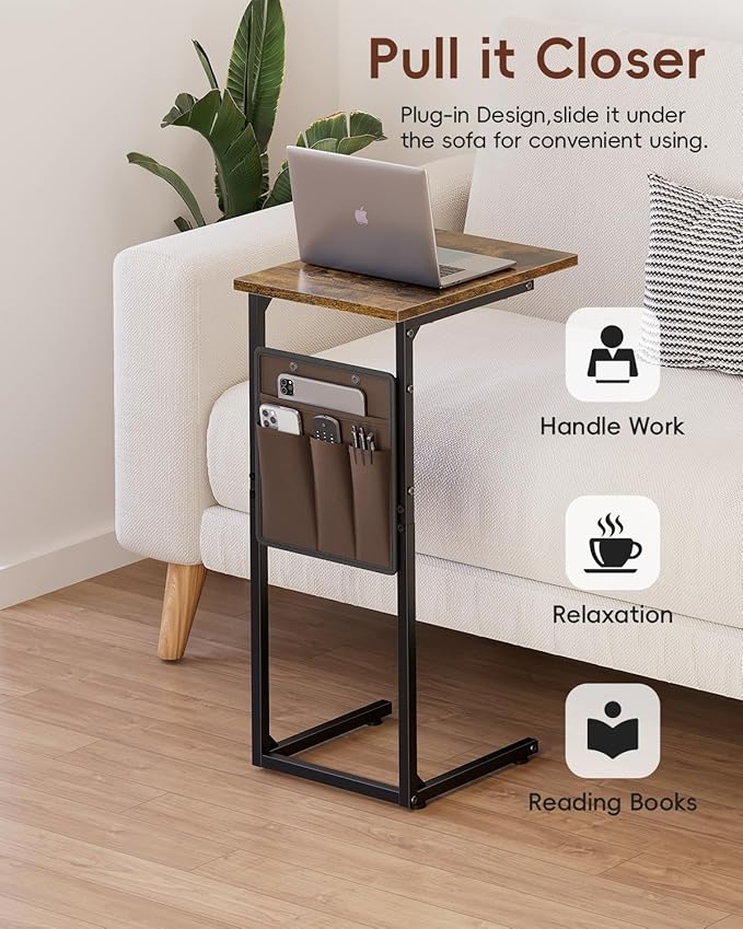 Vagusicc C Shaped End Table, Small Side Table for Couch, Tall Couch Side Table C Table for Small Space, TV Tray Slide Under Sofa Snack Table with Metal Frame for Living Room, Bedroom, Bedside, Brown