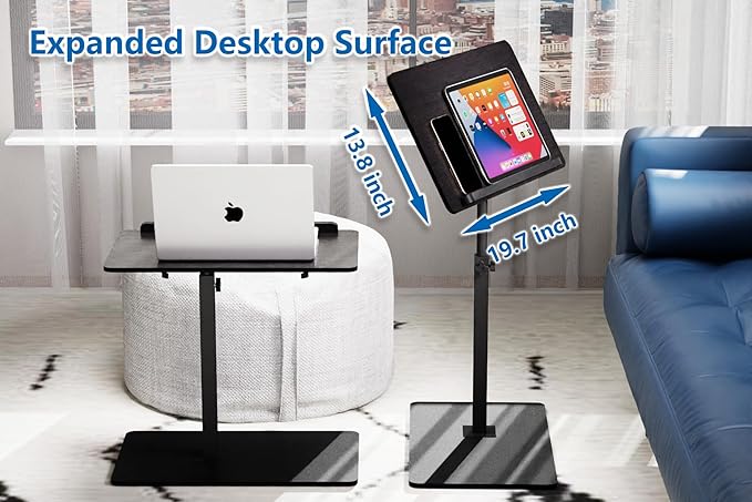 C Shaped End Table,20" W x 14" L,17"-31" Adjustable Height,Swivel and Turnable Desktop,Foldable Side Table for Small Spaces,Black Walnut (Black, 19.7" x 13.8")