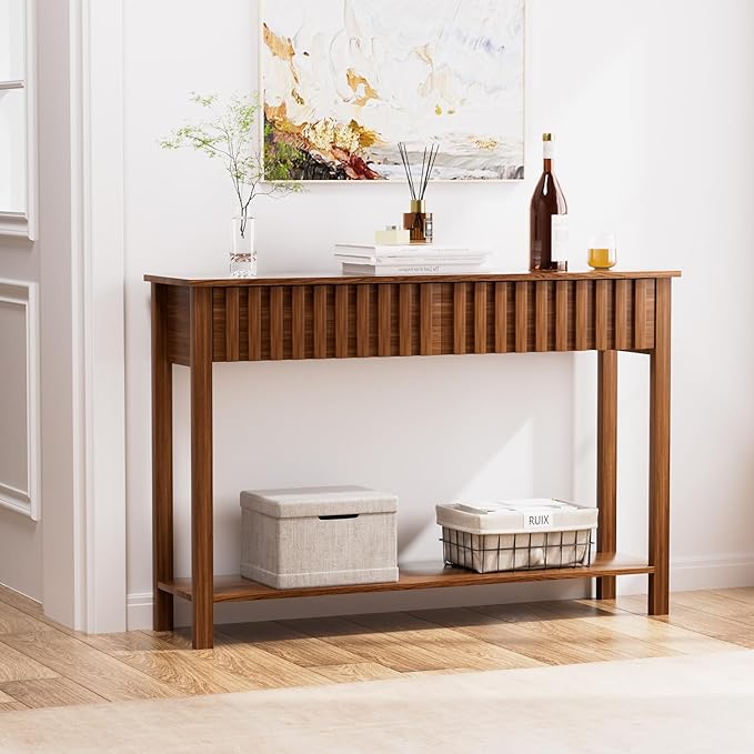CHUWELL Entryway Console Table with 2 Fluted Drawers and Shelf, 47.2" Mid Century Entryway Table, Sofa Table for Living Room and Hallway (Brown)