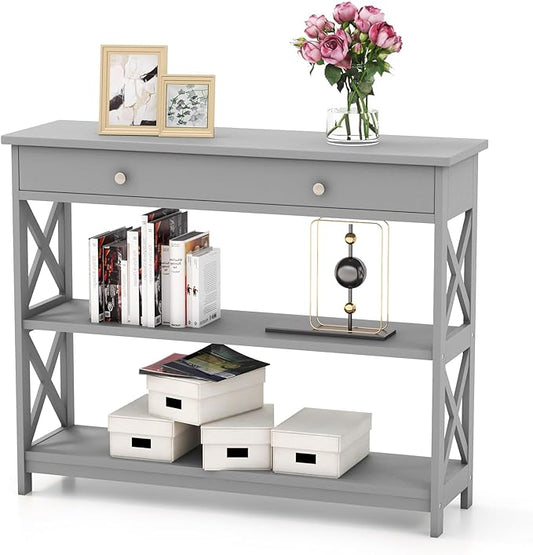 GOFLAME 39" Console Sofa Table with Drawers, 3-Tier Narrow Entry Table with Storage Shelves for Living Room Behind Couch, Entryway, Hallway (Grey)