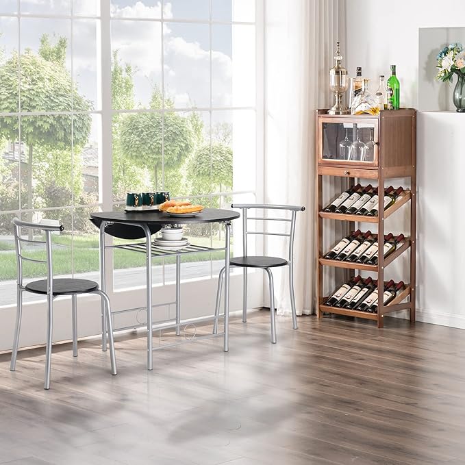 VINGLI 31.5" Drop Leaf Dining Table Set 3 Pieces for Small Space,Small Kitchen Table Set for 2,Round Folding Dining Table with 2 Chairs for Home,Kitchen,Apartment,Silver&Black