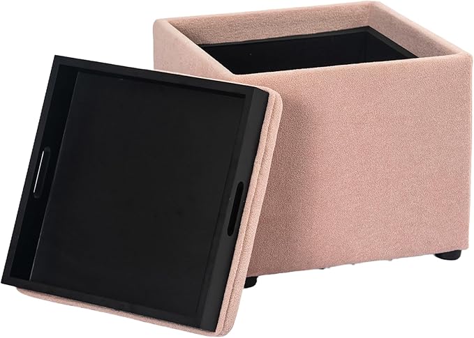 Adeco 17" Pink Storage Ottoman Cube with Tray Lid, Small Footstool with Storage, Square End Table for Living Room & Bedroom (Pink with Tray)