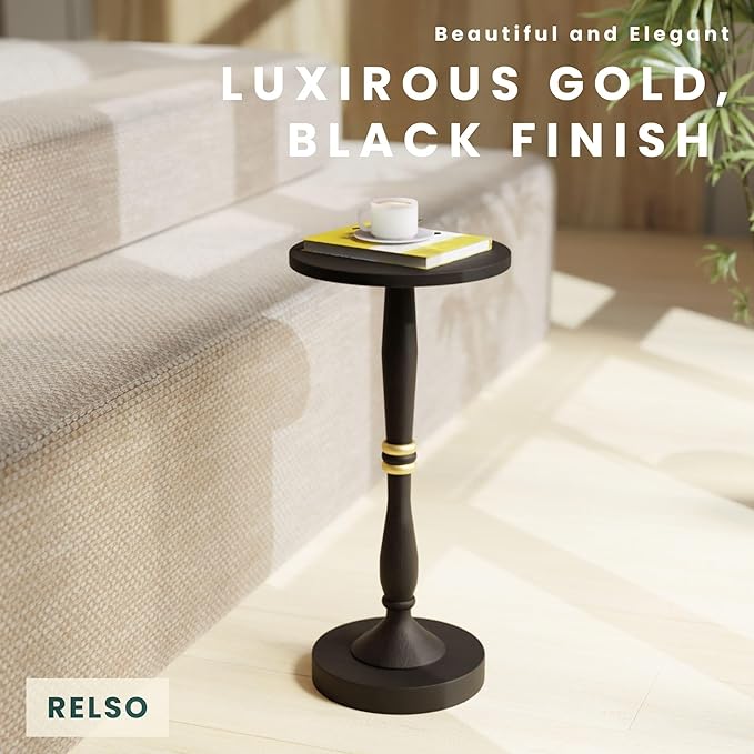 Relso Sceptrum Solid Wood Black Side Table – 24" Tall Round End Table, Narrow Accent for Living Room or Bedroom, Plant Stand or Drink Table, Compact Pedestal Table for Small Spaces | Easy Assembly