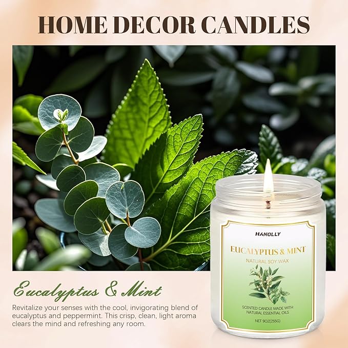 Eucalyptus Mint Candle, 9 oz Scented Candles for Home Soy Candle Wax, Aromatherapy Candles for Women Men, Birthday Christmas Gifts, Perfect for Creating a Relaxing Ambiance