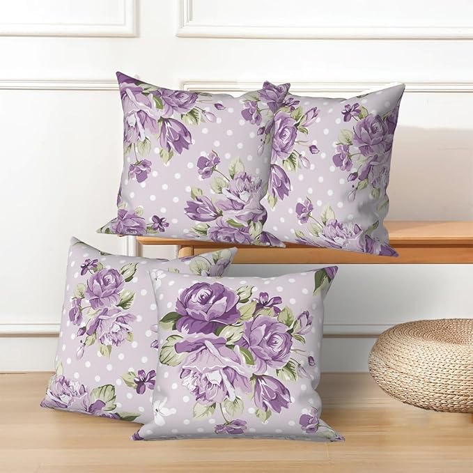 Purple Flower Throw Pillow Covers 16"x16" Set of 4, Vintage Floral Sofa Pillowcases for Chair Couch Bed Living Room Office Car Garden Patio Farmhouse Indoor Outdoor Decorative