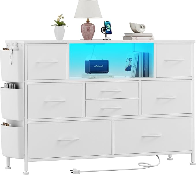 Dresser for Bedroom with 8 Drawers, Dresser TV Stand with LED Lights, Fabric Chest of Drawers with Side Pocket for Living Room, Entryway, Bedroom Furniture (White)