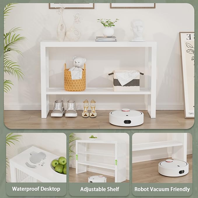 Bamboo 47.2" Narrow Console Table, 2-Tier Farmhouse Side Table, Rectangular Entryway Table, Modern Sofa Table Behind Couch with Storage Shelves for Entrance, Living Room, Hallway, Foyer (White)