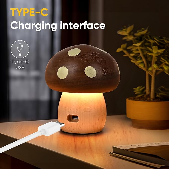 Wood Mushroom Lamp, Rechargeable Small Bedside Lamp, Touch Mushroom Night Light Small lamp for nightstand, Portable Battery Operated Lights for Bedroom Kids Birthday Gifts
