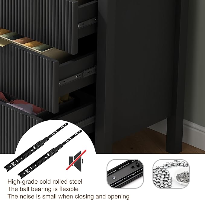 Fluted Nightstands Set of 2, Wooden Farmhouse Night Stands with 6 Drawer Bedside Table - Boho Tall End Table Accent Table for Bedroom, Living Room, （Black 2PCS）