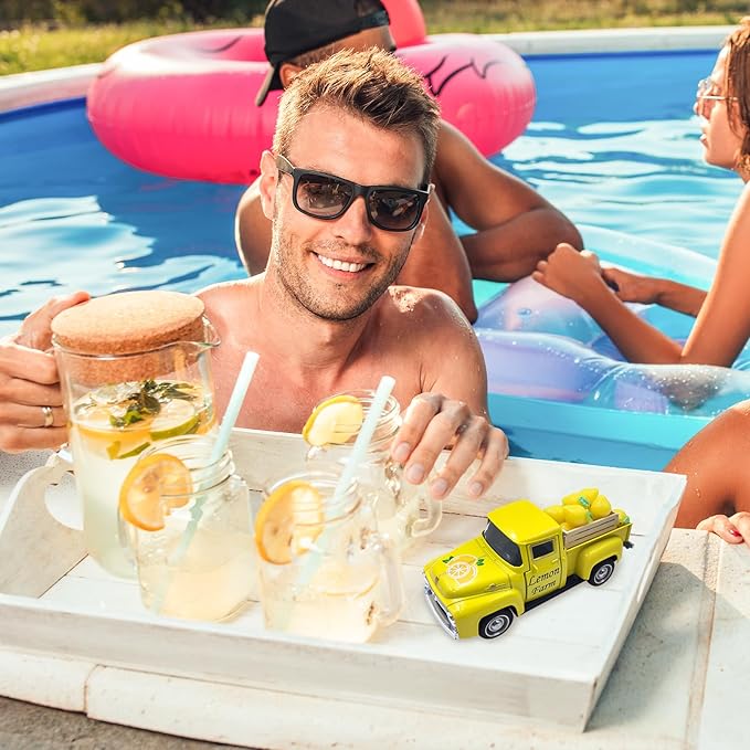 Lemon Decor Vintage Truck Decor with Mini Faux Lemons and Wooden Crate Summer Tiered Tray Decor Lemon Decorations for Home Desk Shelf Farmhouse Kitchen Centerpieces for Tables- Yellow