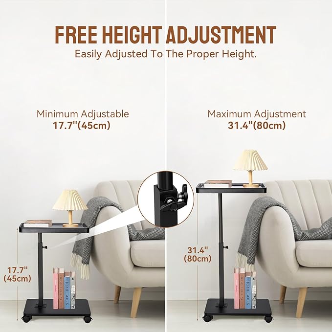 Adjustable C Shaped Side Table, C Table End Tables with Wheels for Sofa, 360° Swivel Sofa Tables for Livingroom,Bedroom,Study and Small Spaces (Glossy Black)