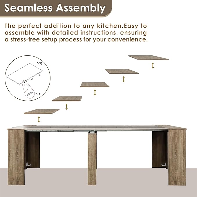 DMAITH 20"-118" Extendable Dining Table for 2-12 People, Modern Modular Extension Table, Space-Saving Extra Long Folding Dining Table, Multifunctional Conference Meeting Table, Oak