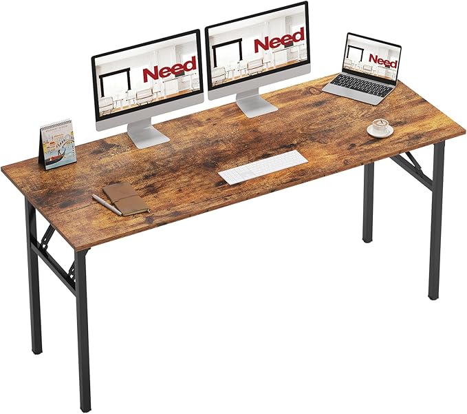 Need Home Office Desk - 62 Inches Large Computer Desk Sturdy Black Table Foldable Desk Gaming Computer Table No Assembly Required Rustic Brown AC5FB(157.5 * 60)